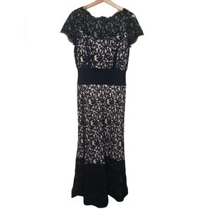 Tadashi Shoji Lace Nude Illusion Flared Evening Gown Dress Bateau Cap Sleeves 6